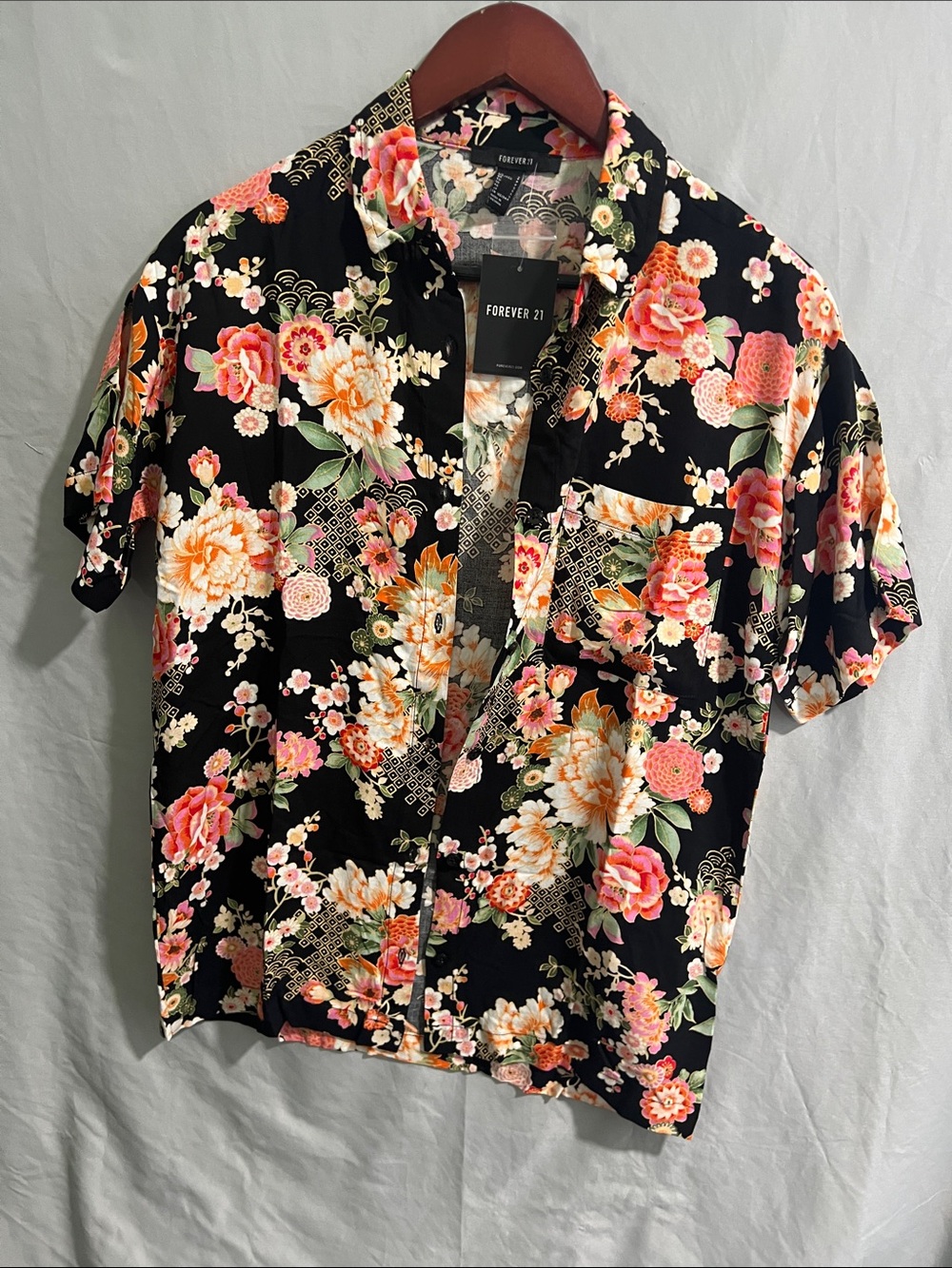 Forever 21 Black Floral Short-Sleeve Button-Down Shirt with Pink & Orange Blooms